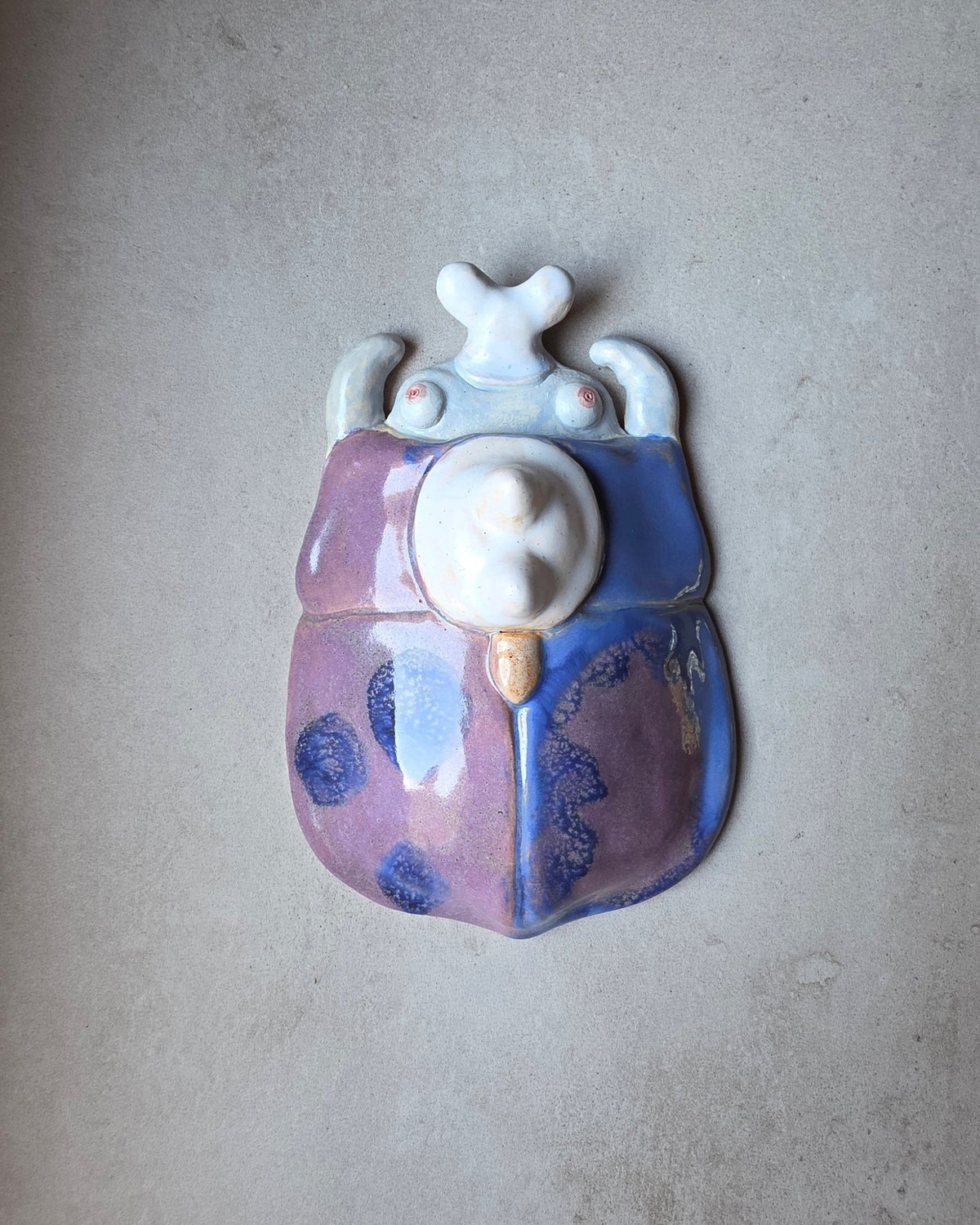 Scarabeo Lavanda – di fronte su fondo grigio, ali lilla e pervinca, cupola bianca, antenne a Y