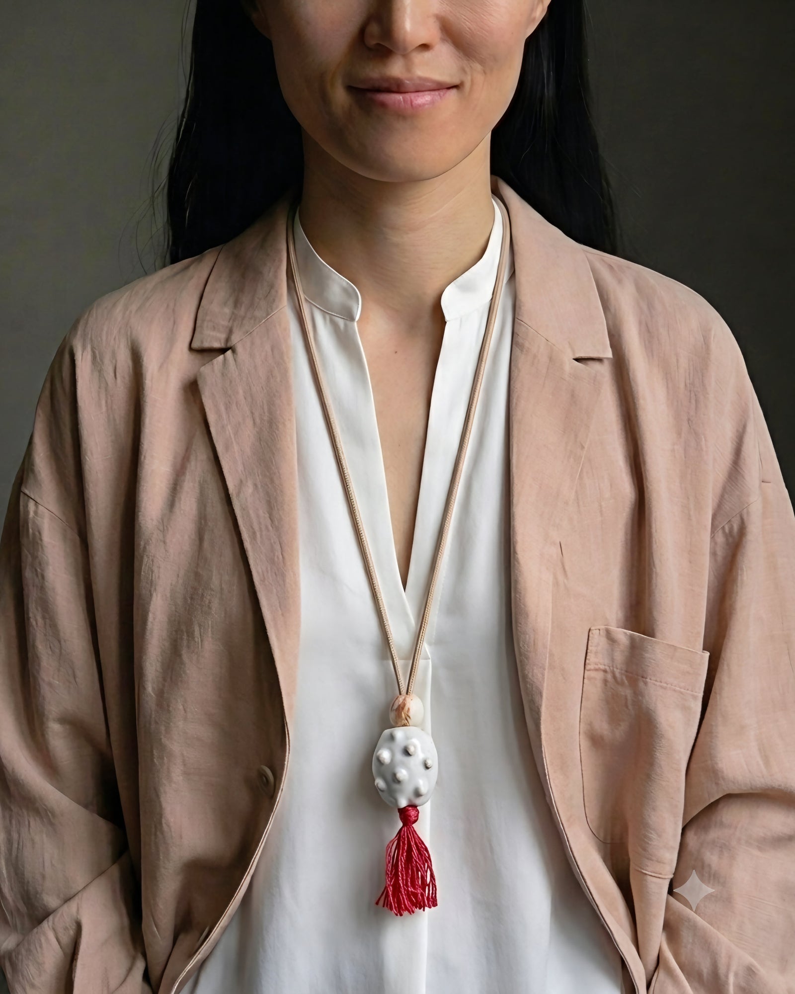 Collana Archeperla – Bianco – modella con blazer rosa